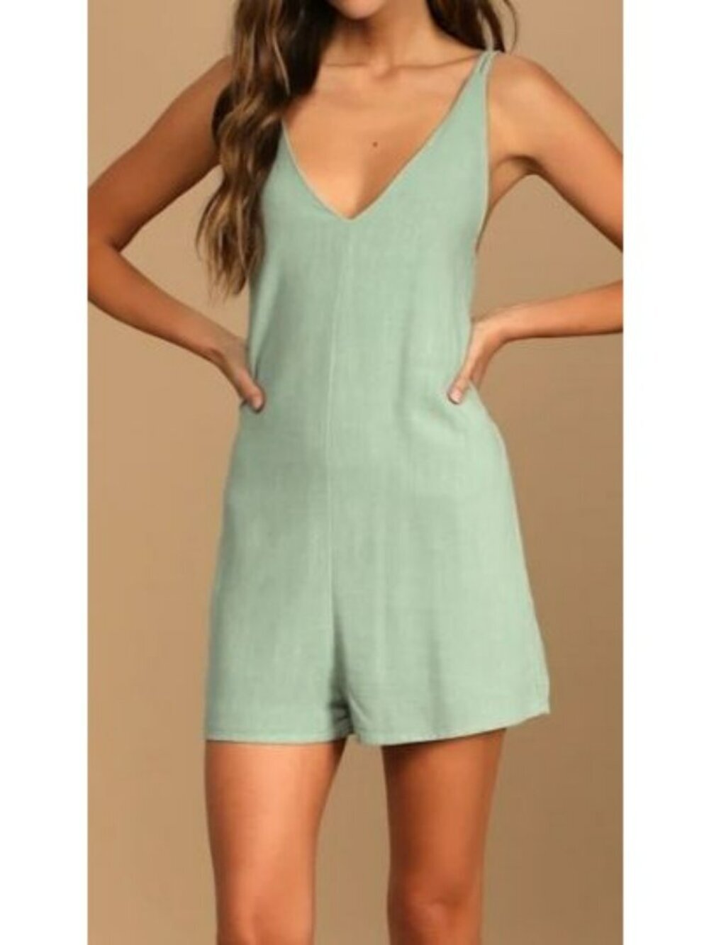Lulus Mint Green Sleeveless Romper With V-Neck And Tie Straps XS Linen Blend